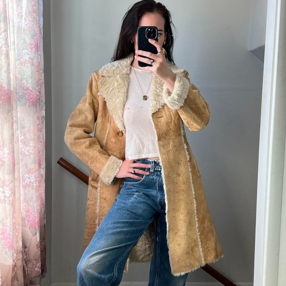 Express Jackets & Blazers - Vintage Long Penny Lane Leather Coat Faux Fur Trim Midi Jacket Tan Boho 90s M